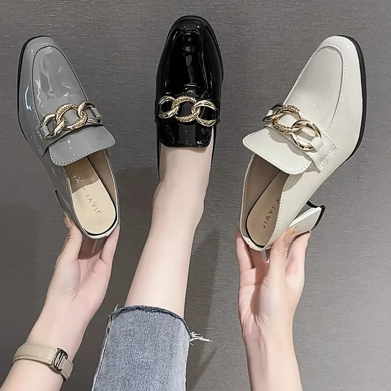 半-5凉拖鞋女夏外穿新款高跟半托单鞋漆皮穆勒鞋懒人包头半拖鞋