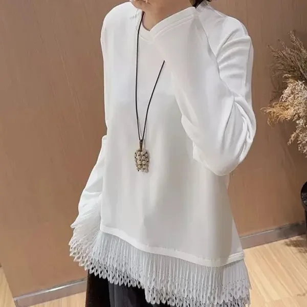 拼接花边简约时尚百搭长款T恤9139