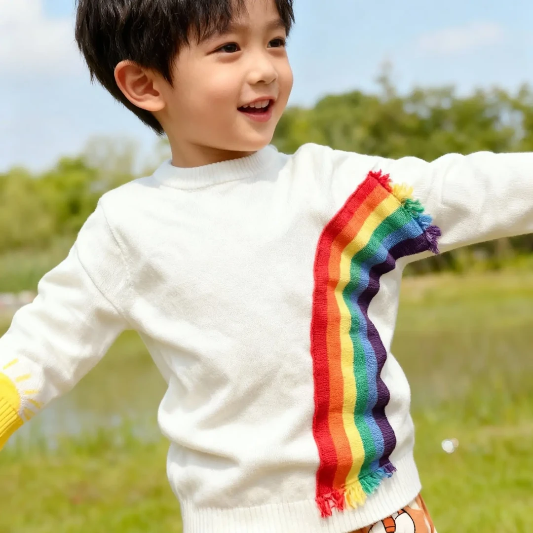 男女童秋冬彩虹针织毛衣韩版可爱圆领套头衫A类打底时尚百搭毛衫