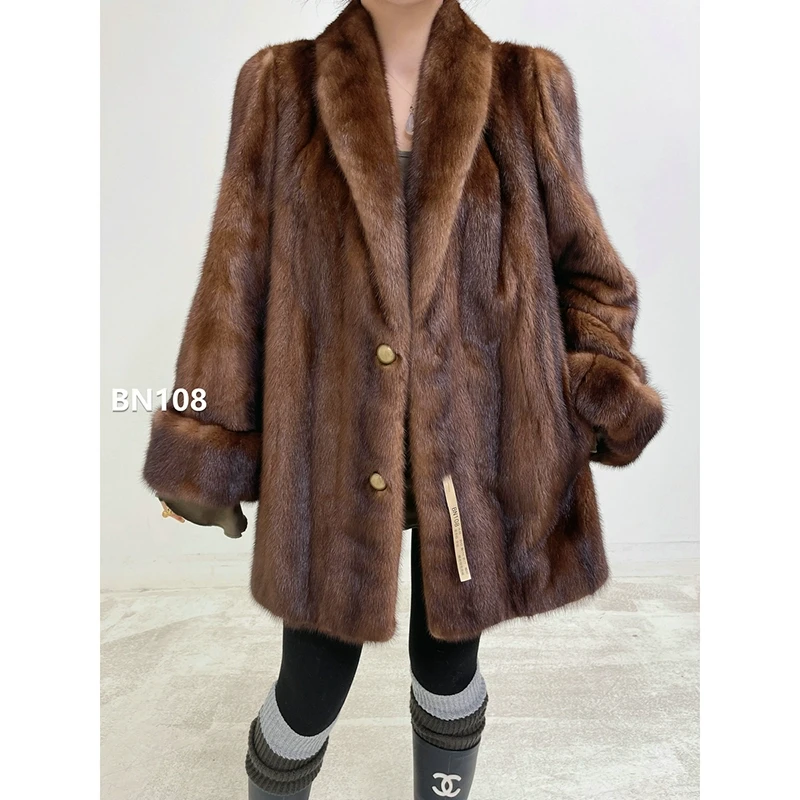 XXXX【BN108】L码 蜜茶棕中长款全抽貂皮大衣（肩41胸108衣78袖61）