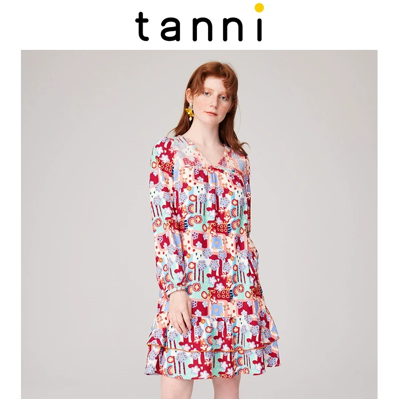 tanni女装复古印花蛋糕裙荷叶边V领连衣裙TJ31DR211B