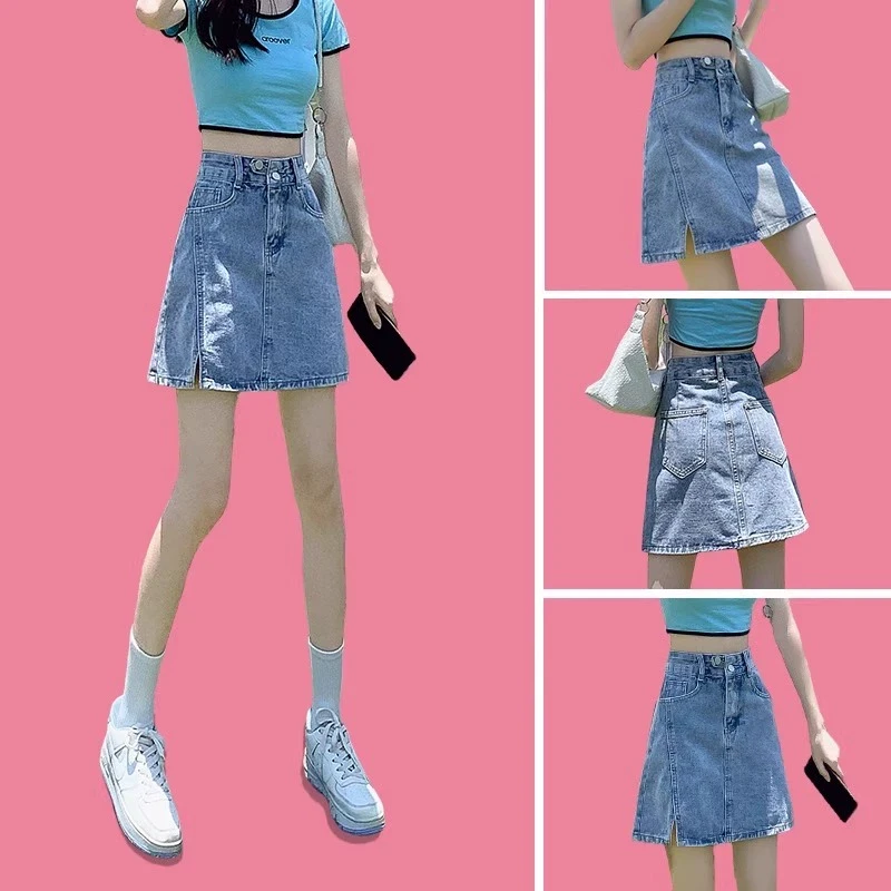 雪千羽开叉牛仔短裙女夏季2025新款热辣小个子浅色a字包臀半身裙