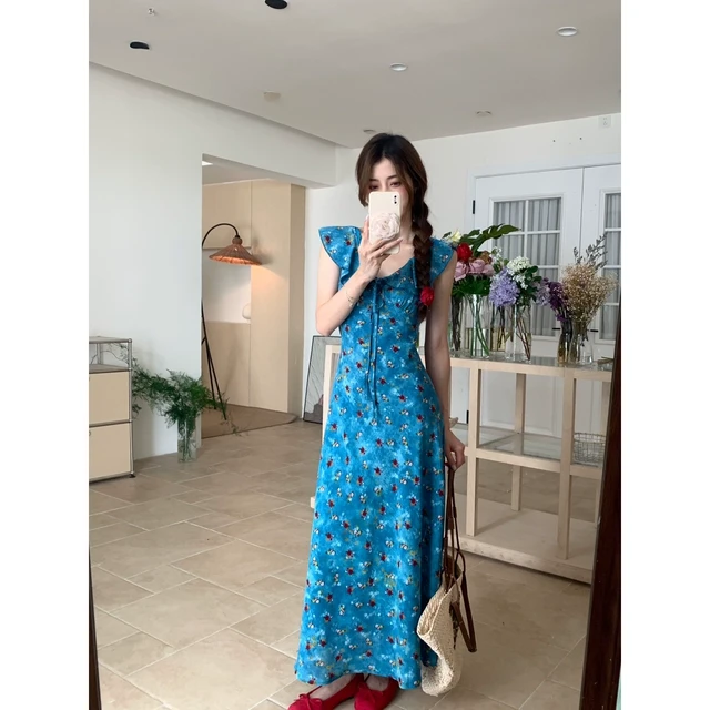 卡普里蓝 碎花雪纺油画感荷叶边收腰显瘦斜裁连衣裙设计感印花裙