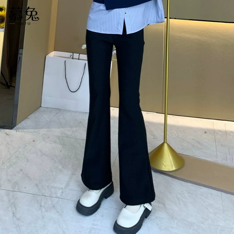 慕兔高腰显瘦黑色喇叭裤女2024新款秋季复古修身小个子休闲长裤子
