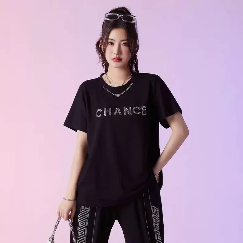 大码胖mm夏新款烫钻字母短袖上衣T恤1128