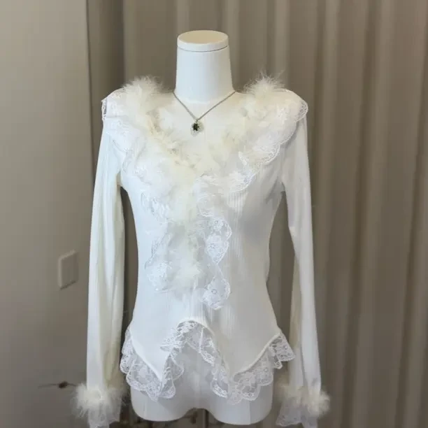 毛绒蕾丝拼接针织衫女时尚百搭显瘦显白打底上衣