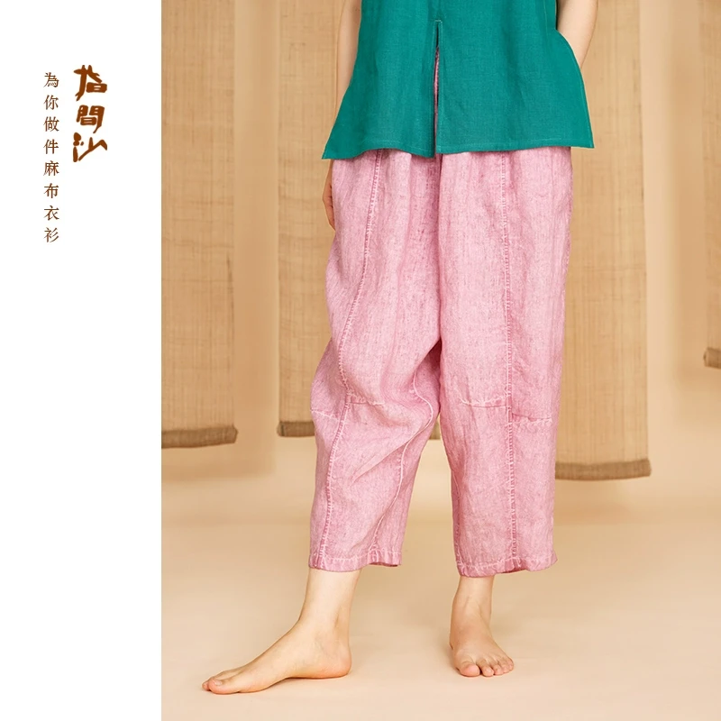 指间沙2512025原创女装25春全松紧高腰炒染亚麻吊裆裤拧皱休闲风