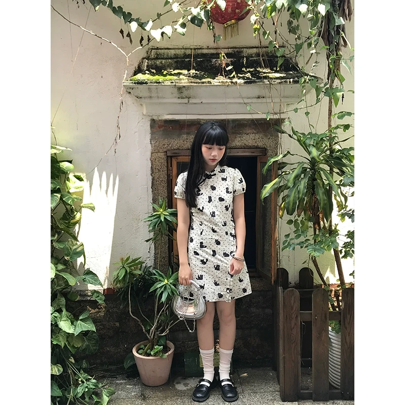 嘿山姥姥裙子女夏印花猫咪新中式改良旗袍连衣裙立领盘扣长短裙