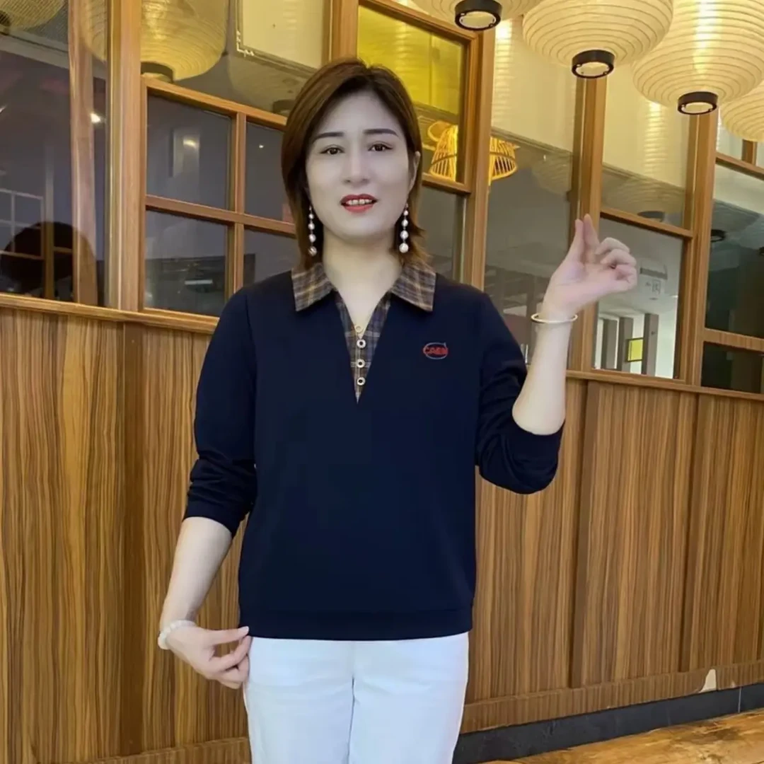秋季新款翻领假两件长袖气质妈妈装休闲减龄显瘦上衣
