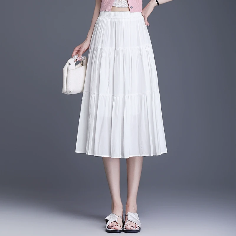 时尚百搭半身裙女2025夏季新款遮胯显瘦褶皱中长款垂感高腰A字裙