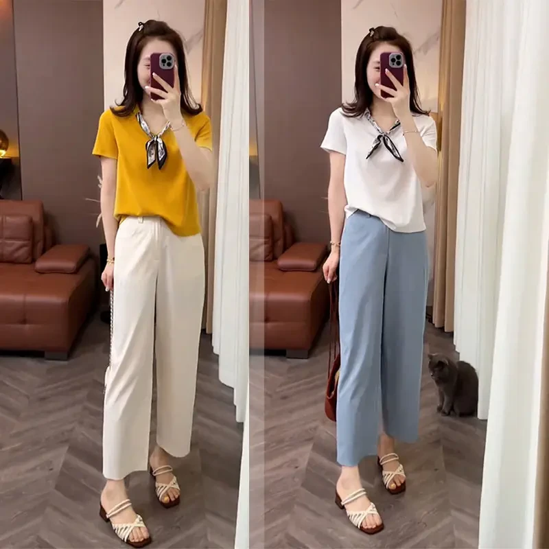 森系休闲风显瘦时尚套装INS风短袖气质小个子网红女装洋气阔腿裤