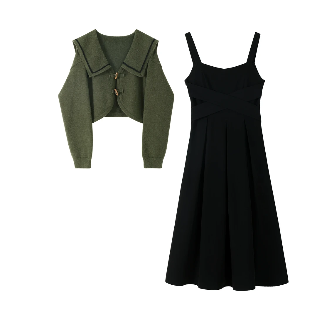 【鹿盯盯】微胖大码女装2024冬胖mm吊带裙收腰显瘦连衣裙套装D07862