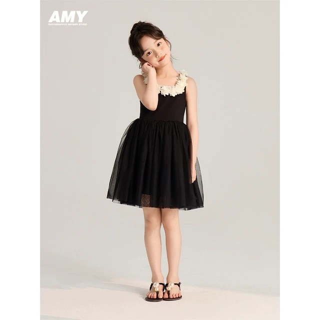 Amybaby女童裙子2025新款夏季法式芭蕾风黑色吊带连衣裙A字裙