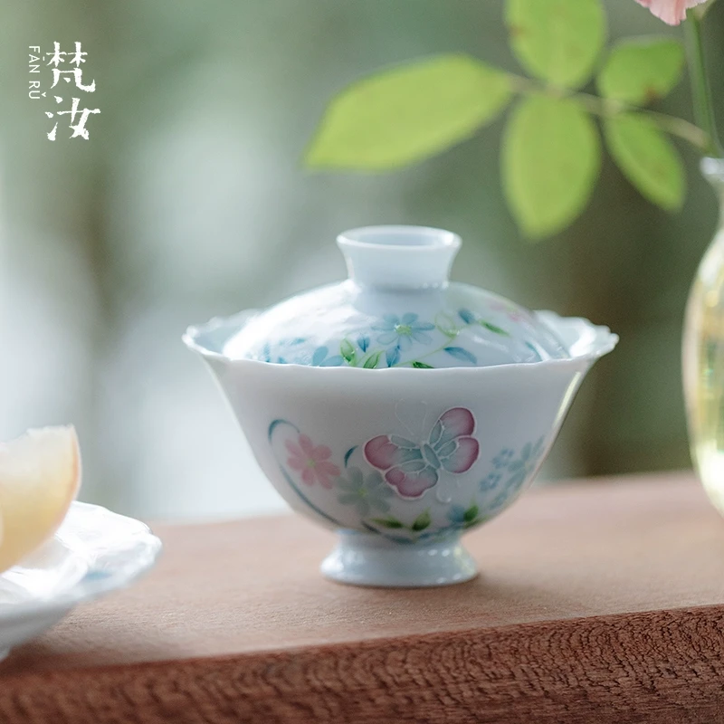 蔓颜 景德镇手绘蝶恋花灵影飘韵海苑高足盖碗家用泡茶器文人雅器
