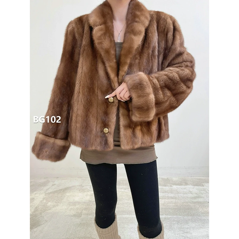 XXXX【BG102】XL码 蜜茶棕超短款全抽貂皮大衣（肩42胸112衣59袖62）
