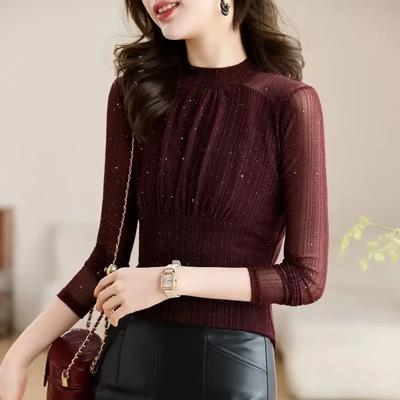 2025新款春秋T恤褶皱网纱打底衫女长袖洋气内搭时尚加绒小衫上衣