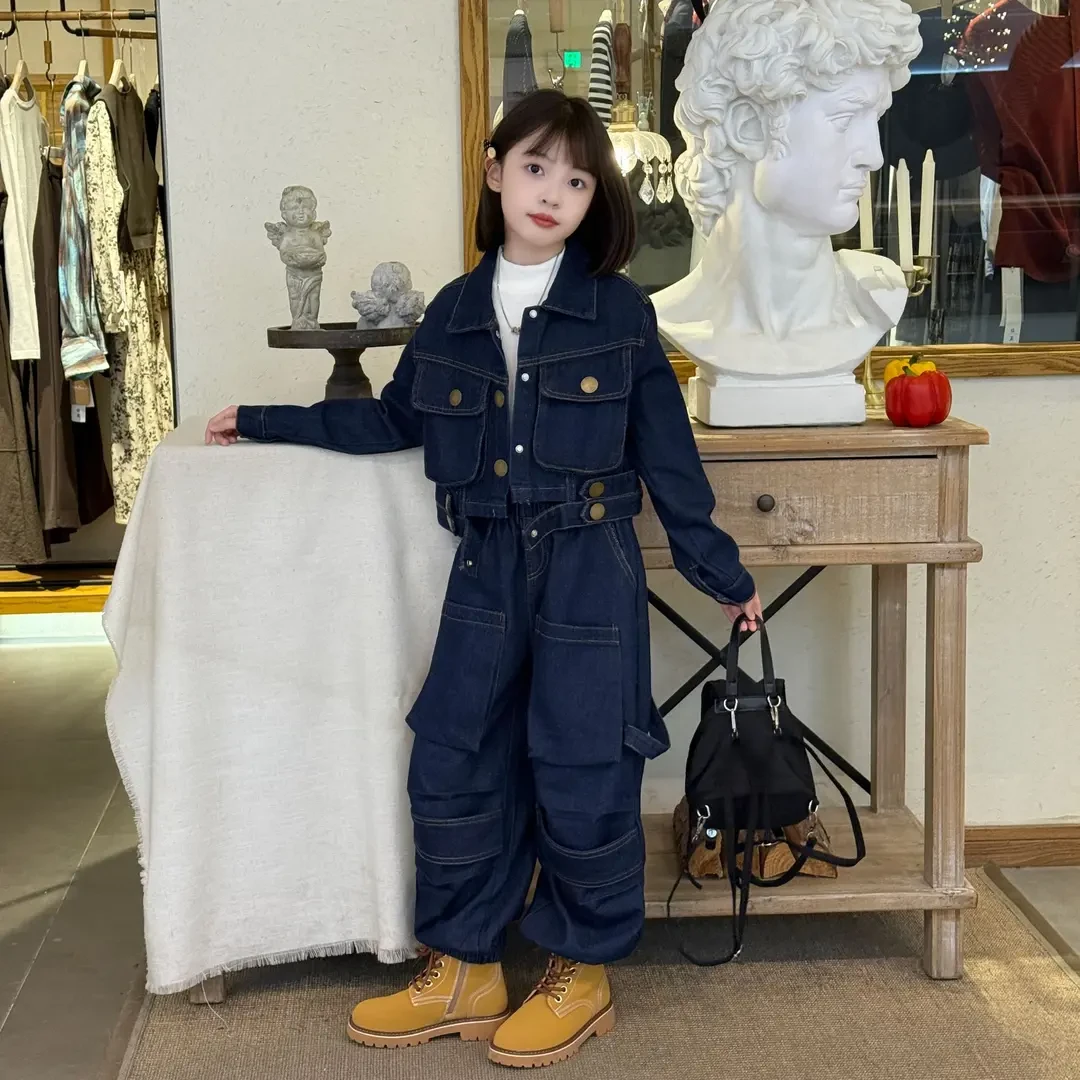 2025春秋女童设计款工装牛仔套装气质新款休闲宽松两件束哈伦裤