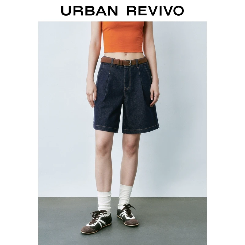UR2025夏季新款女装波嬉风复古腰带装饰牛仔短裤UYU850092