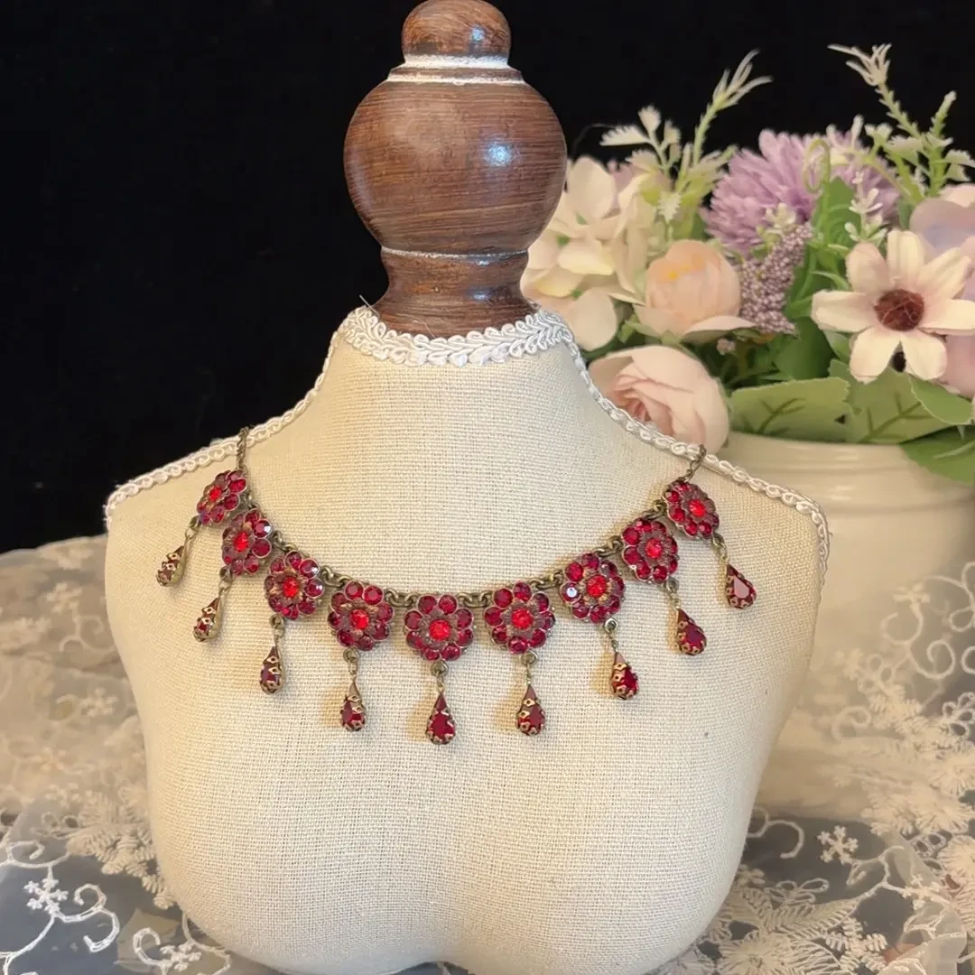 铜合金项链 铜合金 复古红水晶项链百搭时尚