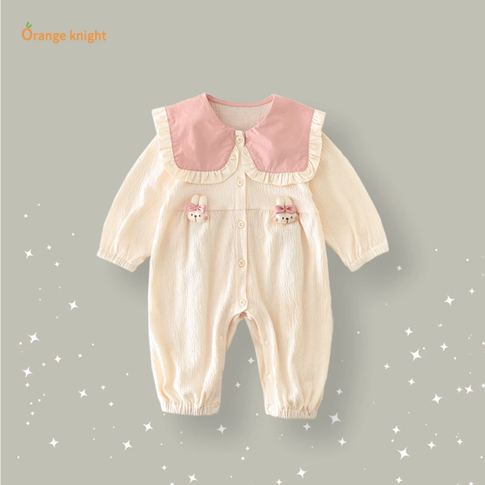 小月龄婴儿春秋季衣服女宝宝甜美洋气花边大翻领长袖连体衣外出服