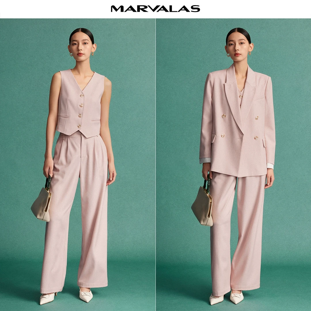 曼德诗设计感纯色马甲2024春装新款V领简约浪漫短款西装马夹背心