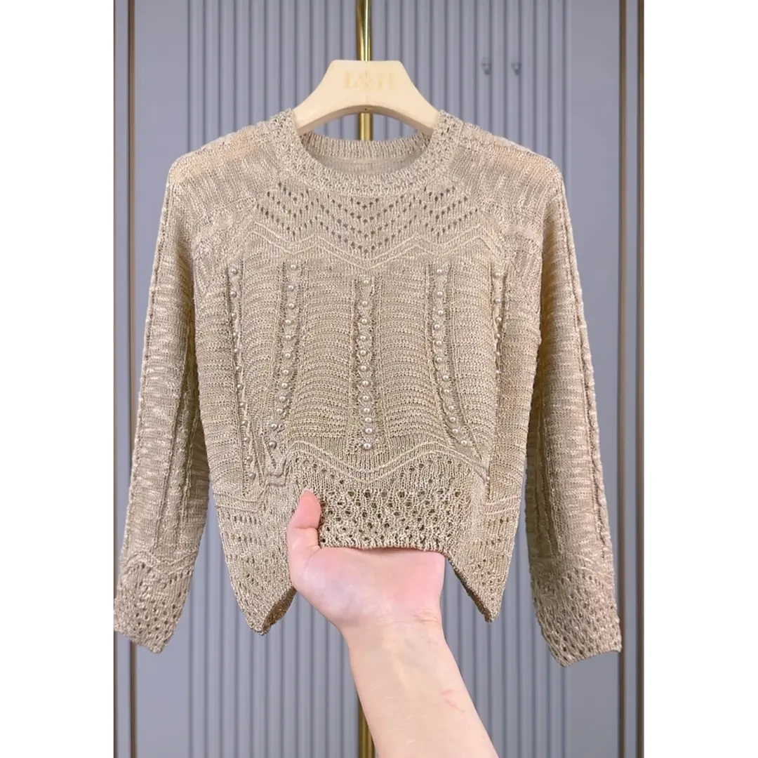 2025秋季新款气质时尚百搭长袖上衣洋气提花重工套头针织衫咖8785