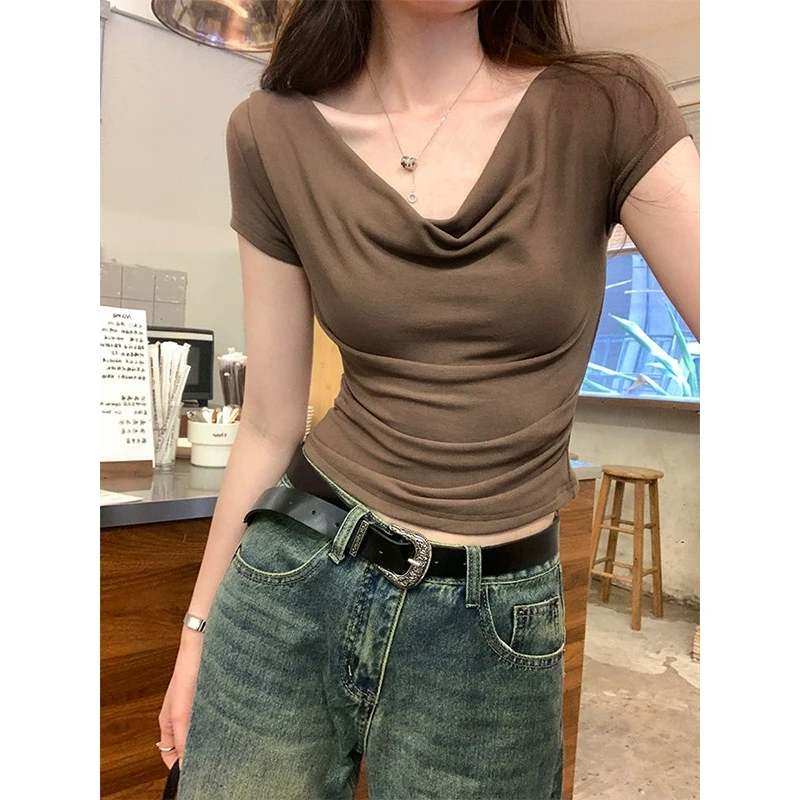 梦优莱纯色百搭一字领正肩短袖T恤女夏季新款辣妹露肩短款上衣