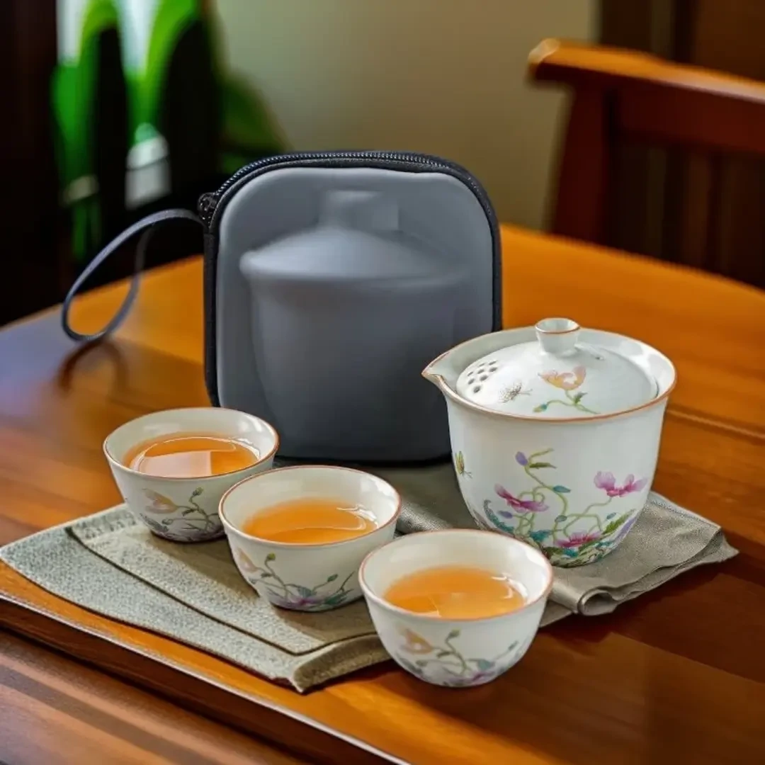 虞美人黄汝窑旅行茶具套装便携式手抓壶陶瓷盖碗三杯H265