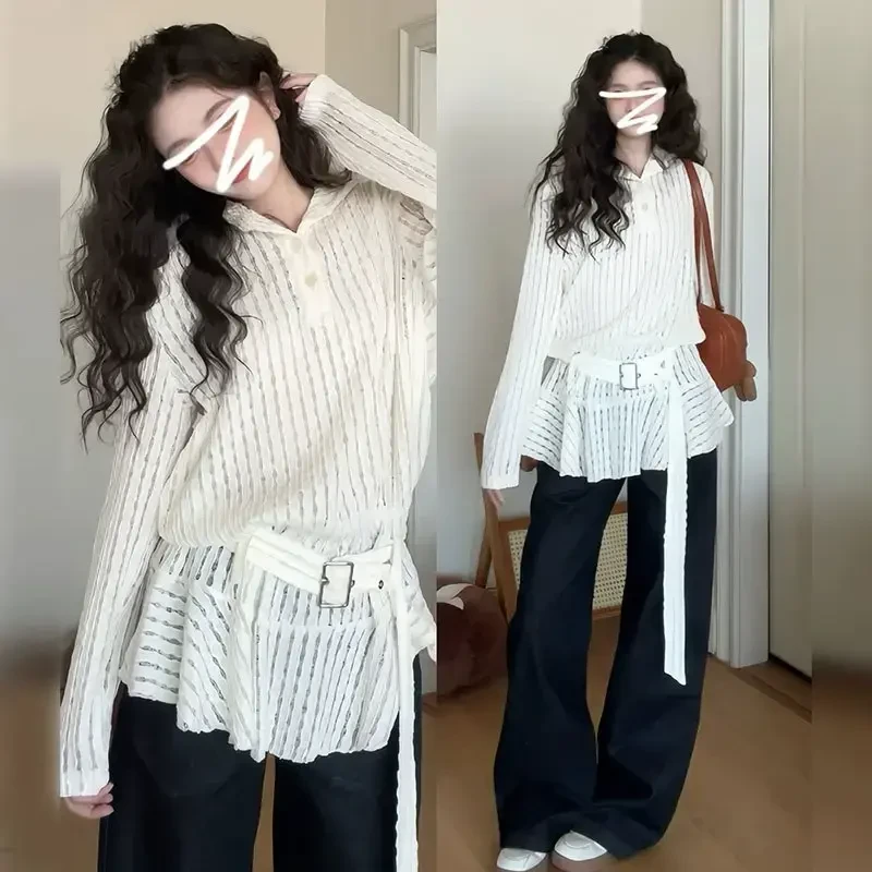 【送腰带】法式镂空连帽正肩白色衬衫女2025春秋新款大码胖mm收腰
