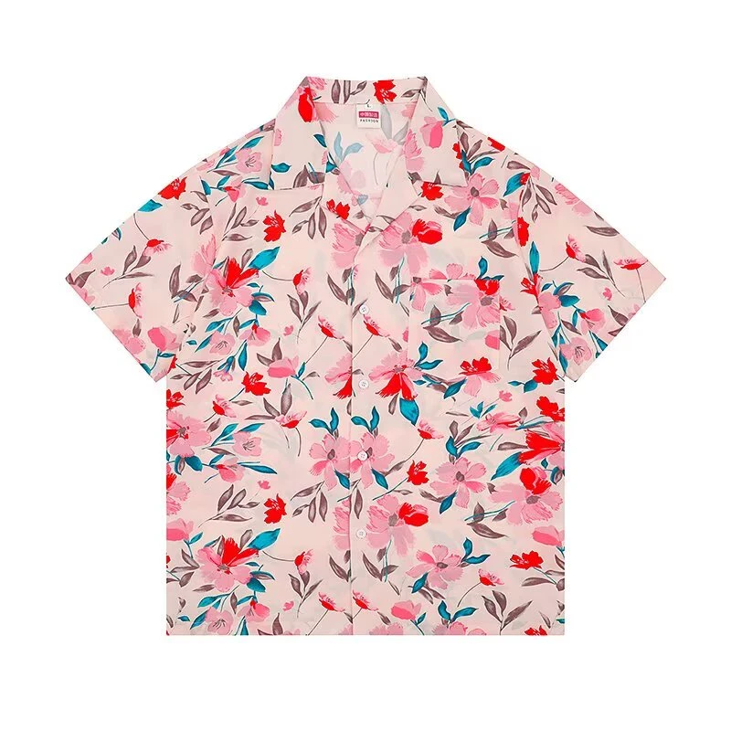 复古古巴领夏威夷衬衫短袖男宽松潮牌休闲上衣夏季沙滩度假花衬衣