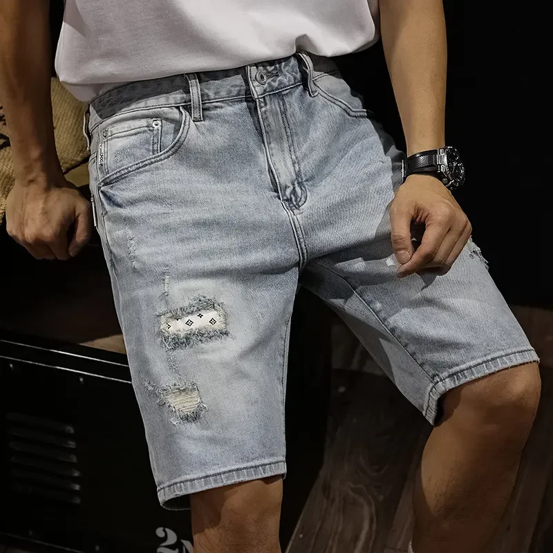 罗蒙高端潮牌牛仔短裤男夏季合身直筒五分裤破洞痞帅潮流外穿中裤