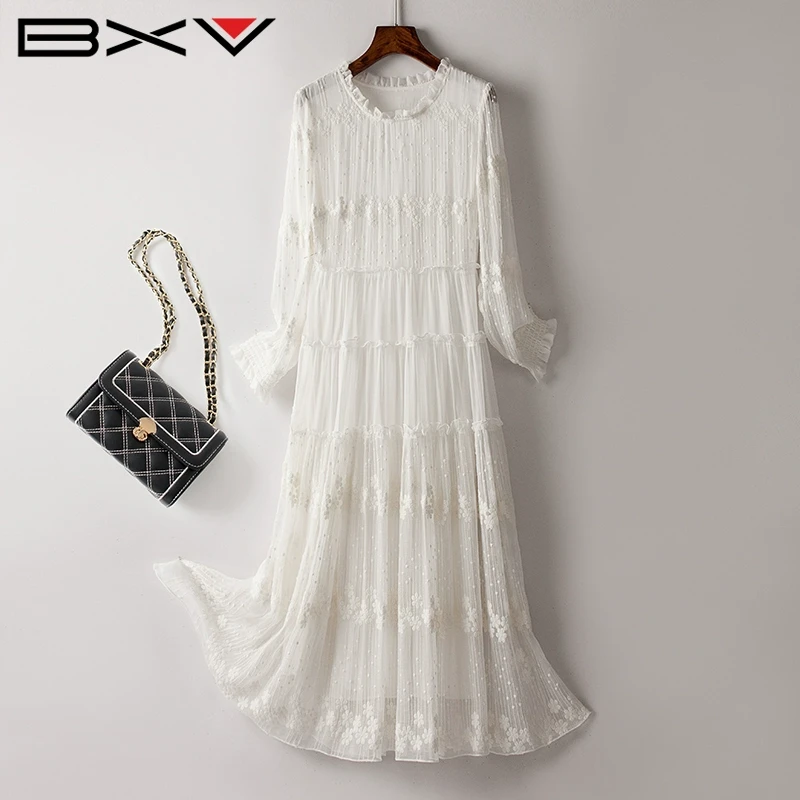 BXV桑蚕丝长袖连衣裙女2025夏季新款圆领缕空勾花长裙真丝裙子潮