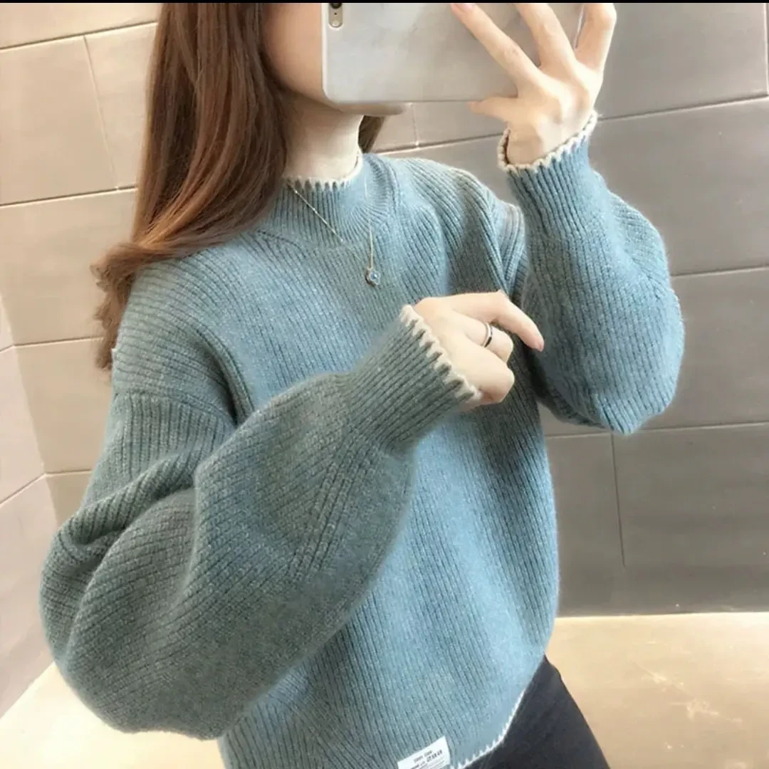 秋冬季新款宽松圆领半高领毛衣女韩版时尚百搭短款针织打底上衣