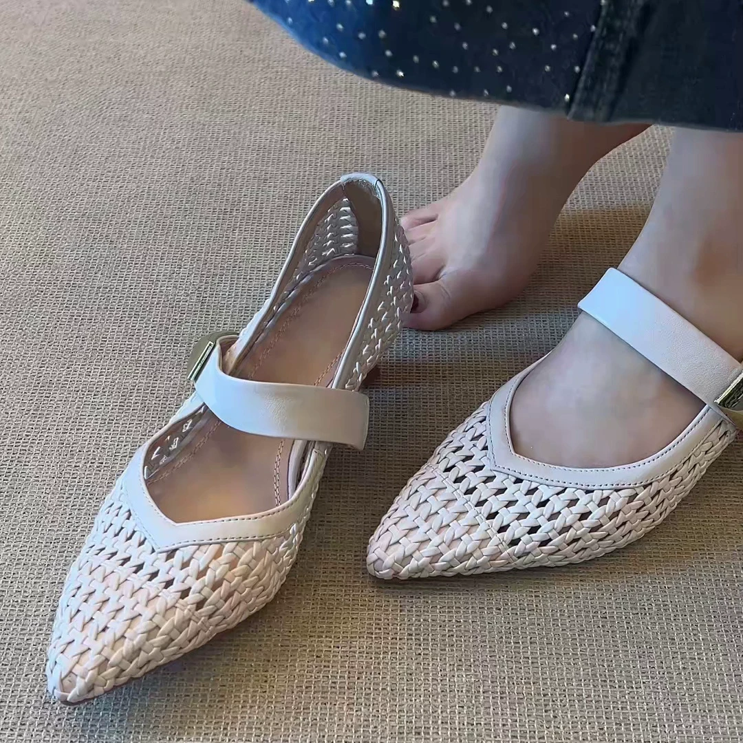 羊皮版~法式复古风尖头镂空编织玛丽珍鞋女2025新款一字扣带单鞋