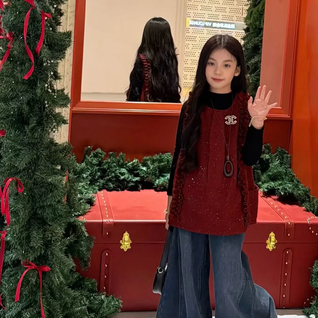 萝莉 新款年货 女童红色加绒宽松慵懒背心裙