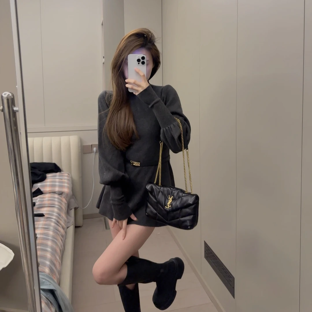 法式半高领灯笼袖加厚针织衫女秋冬百搭内搭