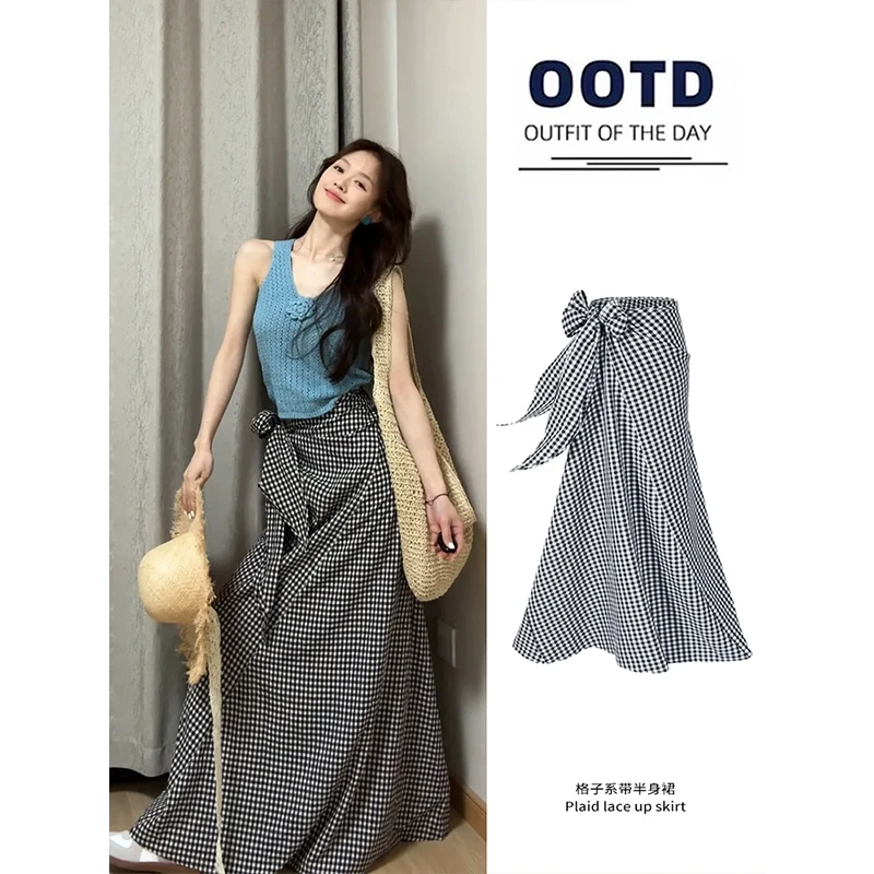 绑带格子半身裙女2025新款夏季绝美半裙格纹不规则a字长裙子穿搭