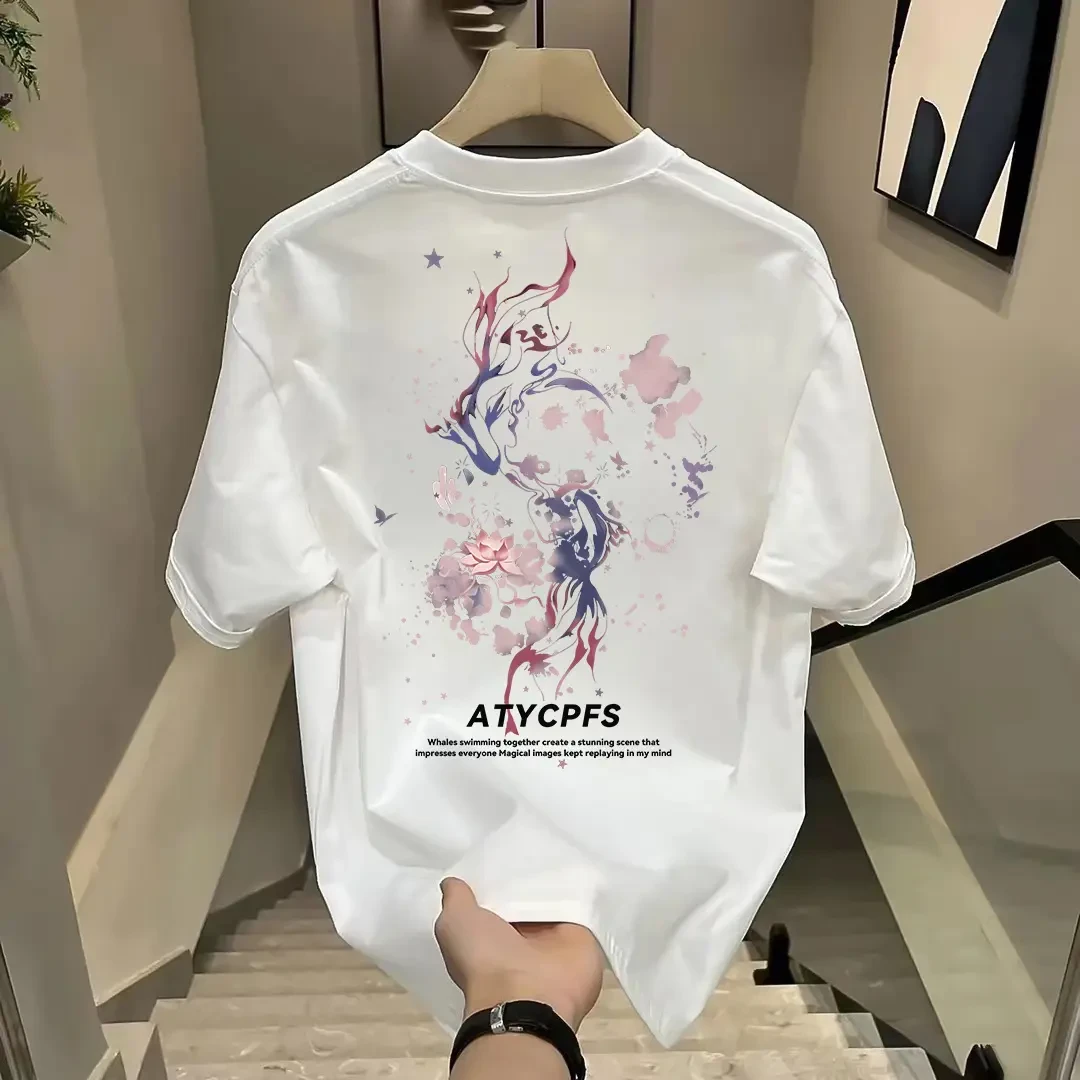 100%纯棉短袖潮牌美式高街星空鱼印花男女宽松百搭半袖短袖T恤
