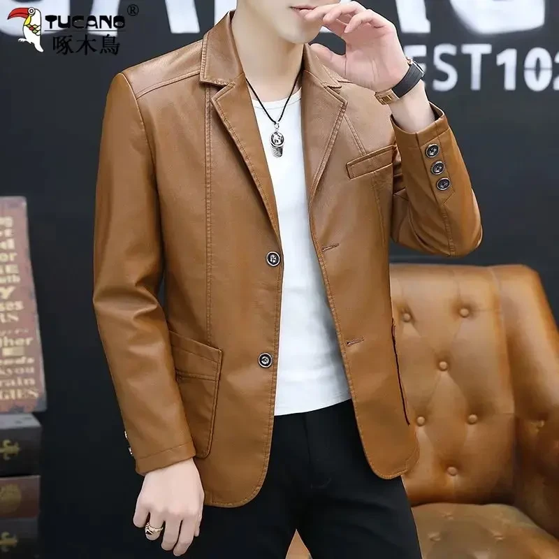 啄木鸟专柜海宁男士薄款皮衣潮流修身休闲百搭西服外套潮男装时尚