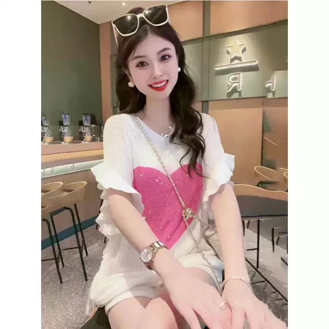 爱心烫钻设计感短袖T恤女夏季新款荷叶边镂空针织衫宽松轻薄上衣