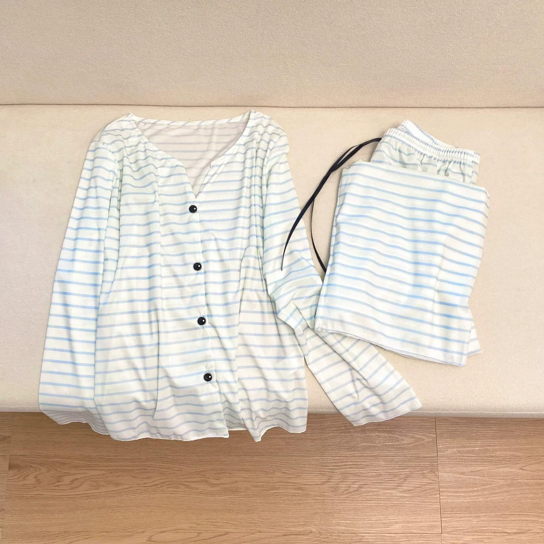 【韩版条纹】睡衣女款爆款2025新款夏开衫长裤家居服大码套装可外穿
