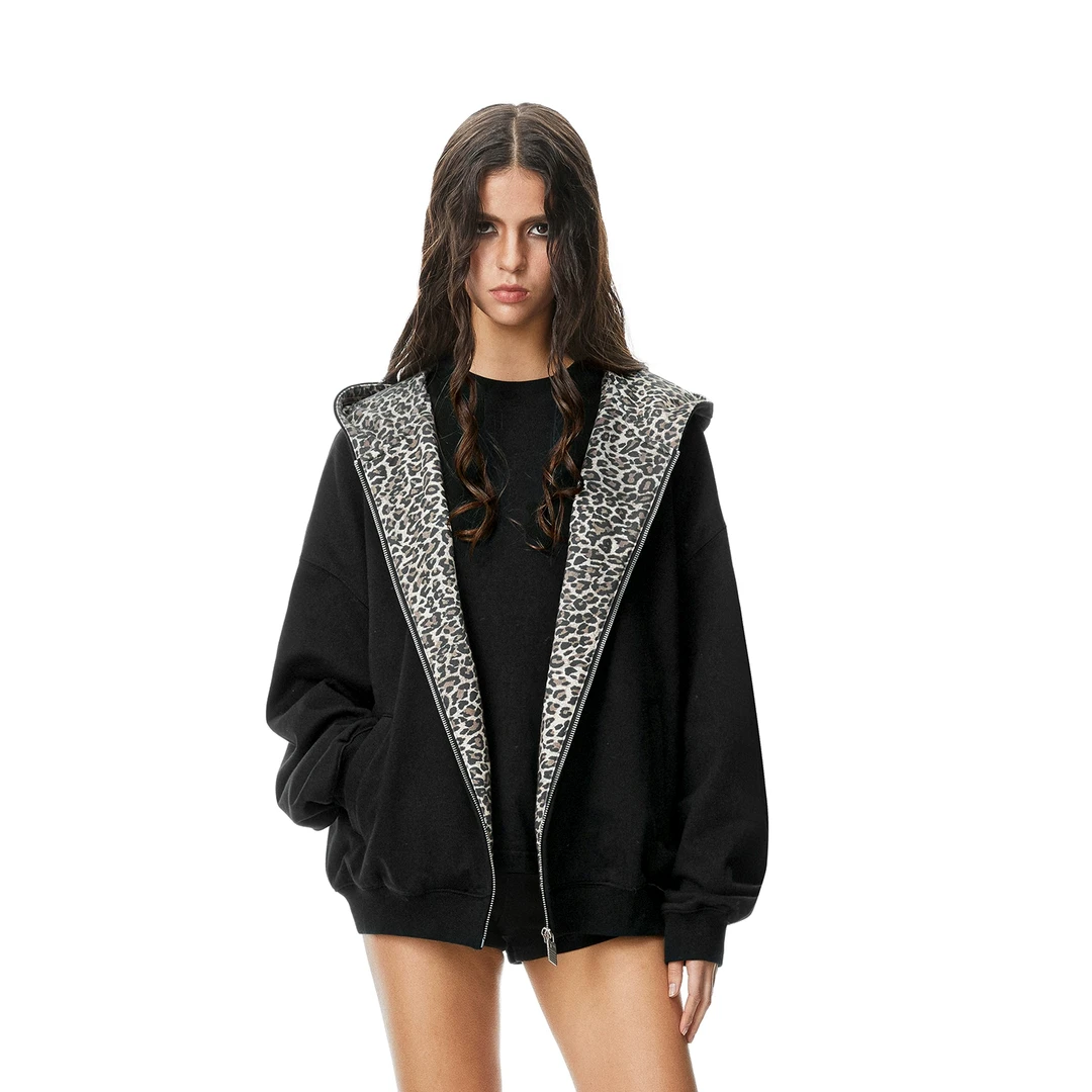 FDR官方店 R字豹纹拼接连帽卫衣外套男女冬季美式复古情侣装开衫