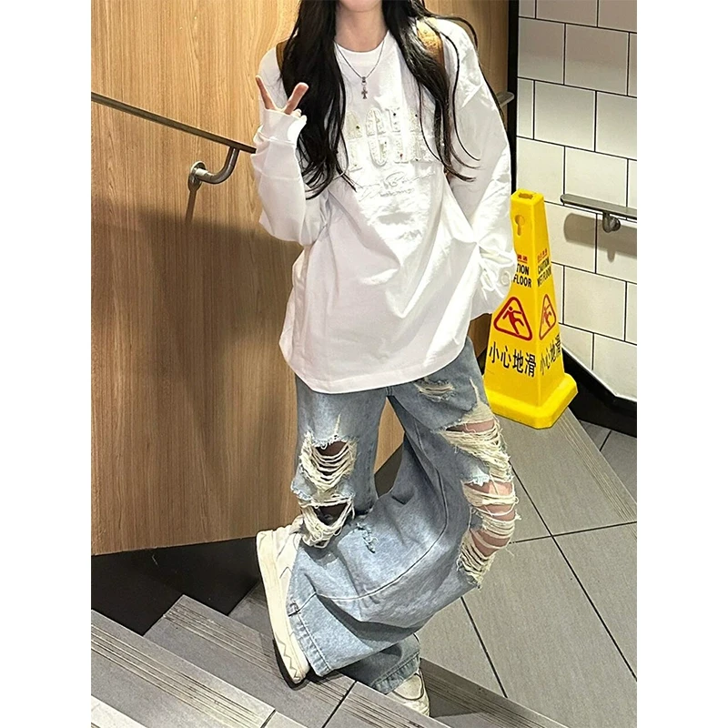 浅色破洞阔腿牛仔裤女夏季新款美式高街宽松显瘦垂感直筒拖地裤子