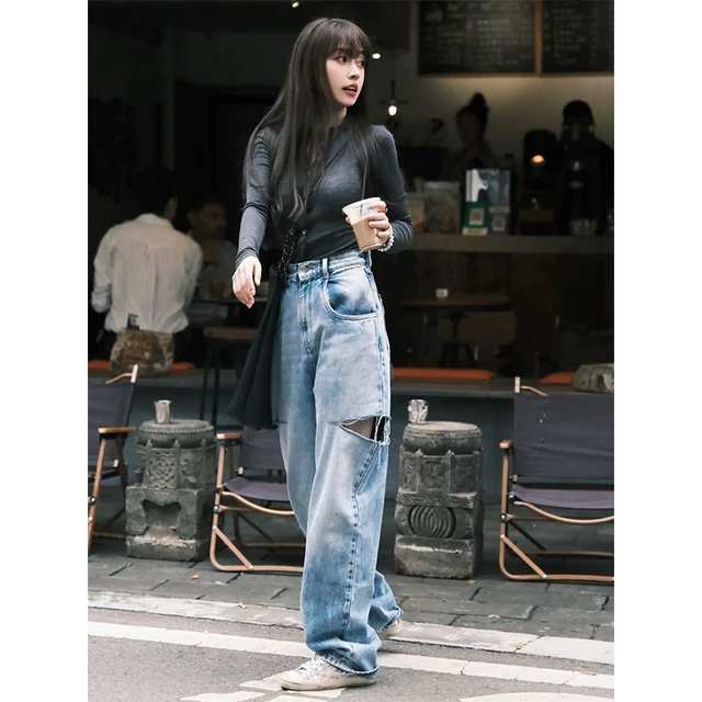 韩系修身长袖t恤上衣女春季新款破洞牛仔裤开春酷飒拽姐穿搭套装