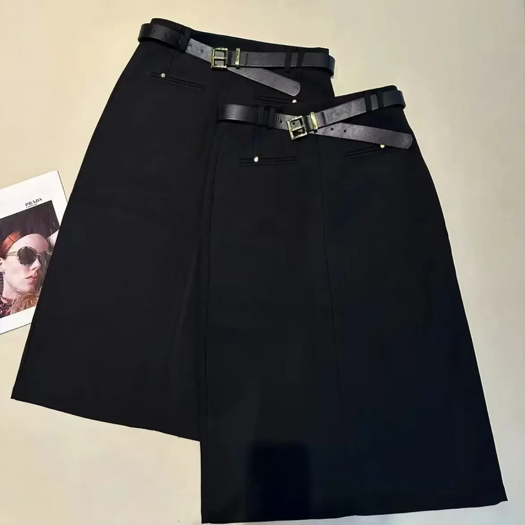 秋季新款设计感时尚休闲纯色显瘦百搭高腰腰带款开叉半身裙