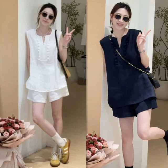 夏日绝美穿搭一整套女立体流苏V领无袖背心衬衫休闲短裤两件套夏