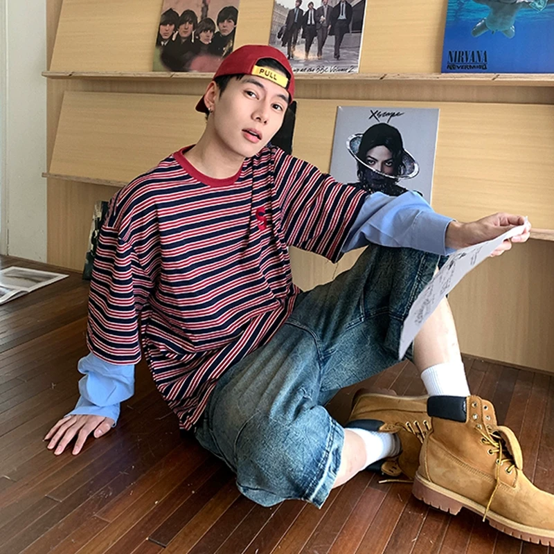 Holocene美式潮牌假两件条纹长袖T恤男设计感宽松慵懒风上衣T251