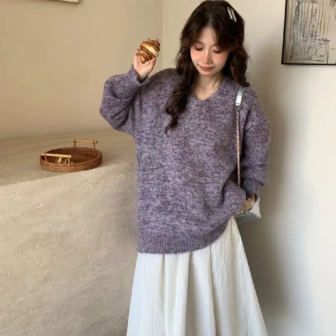 【紫苏】驼绒马海毛原创V领针织衫加厚套头毛衣韩系甜美减龄
