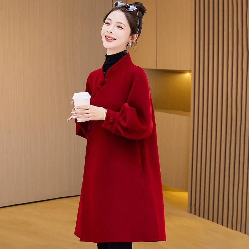 本命年红色双面毛呢外套女2025新款春秋爆款时尚小个子斗篷呢大衣