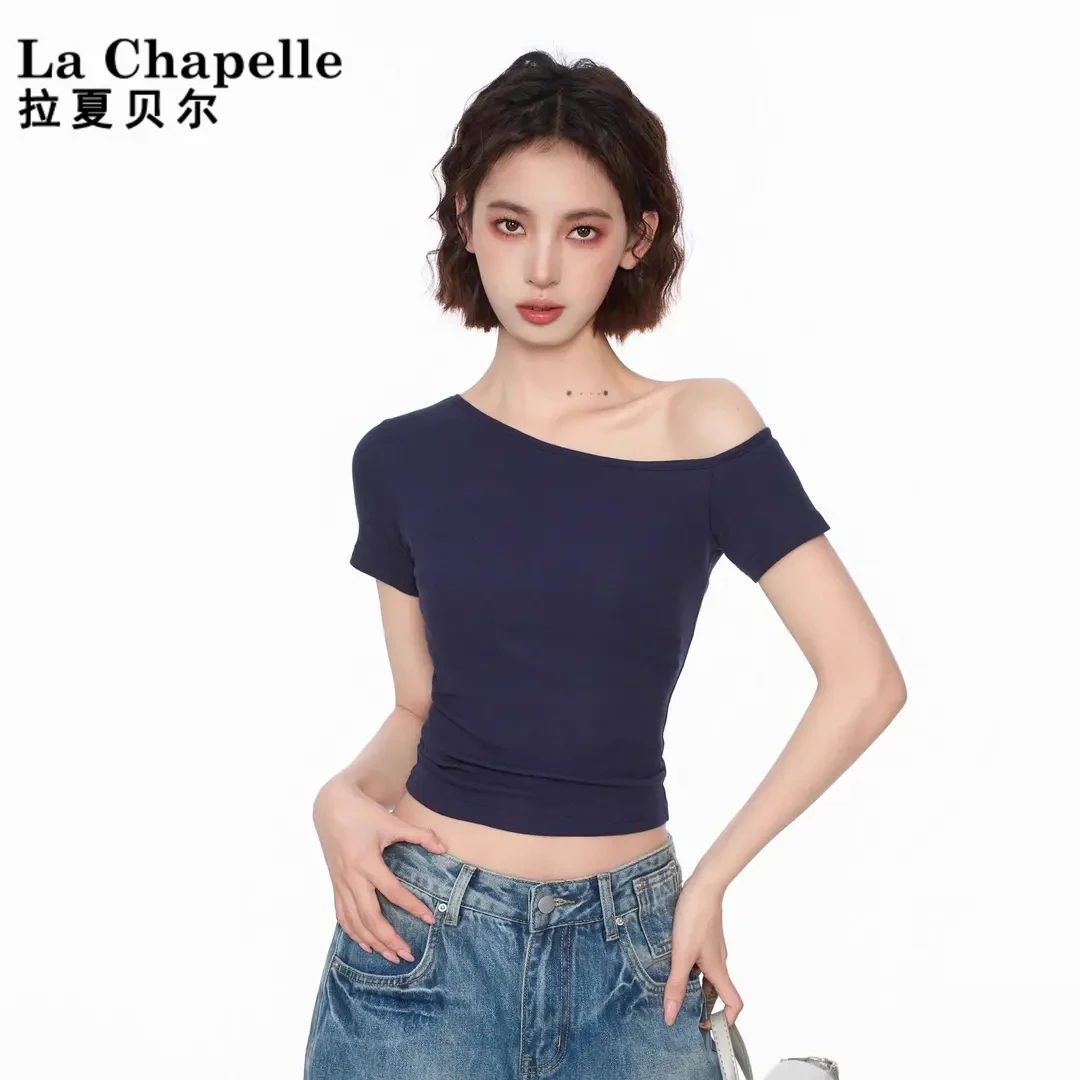 藏蓝色斜肩露肩短袖T恤女夏季修身紧身纯欲辣妹短款一字肩上衣
